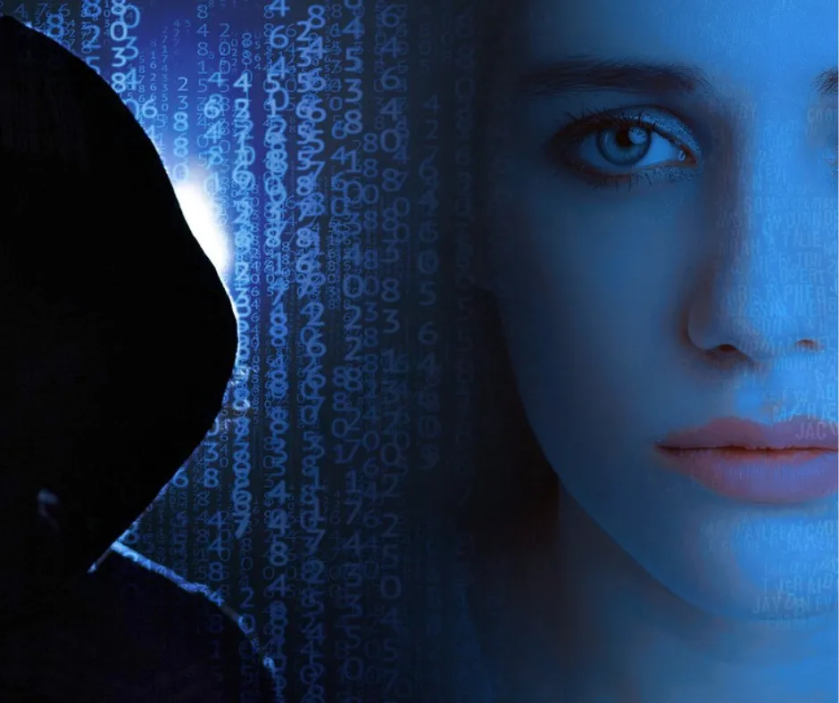 Split face with binary code background.