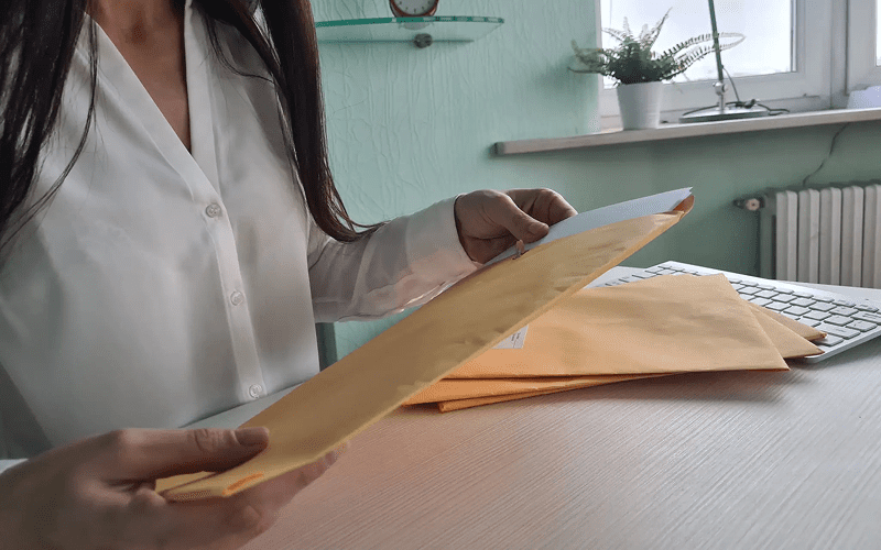 A woman in a white blouse sits at a desk holding a yellow mailing envelope.