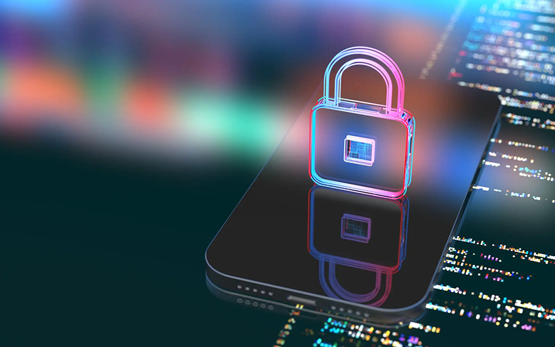 A digital padlock hovers over a smartphone screen, symbolizing cybersecurity