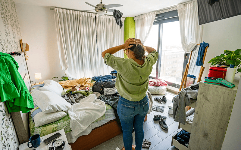 A woman stands in a messy bedroom, hands on head, appearing overwhelmed
